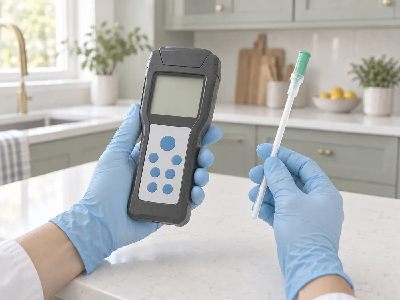 Close-up of gloved hands holding a handheld ATP meter and a green-capped test swab