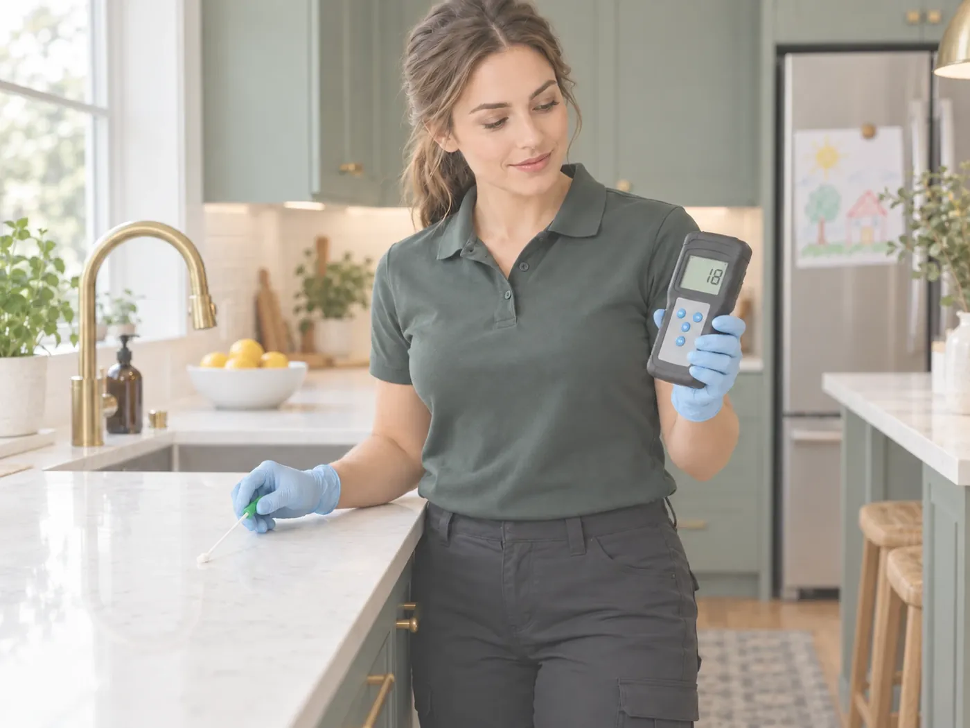 Technician in blue gloves checking an ATP meter reading after swabbing a kitchen counter