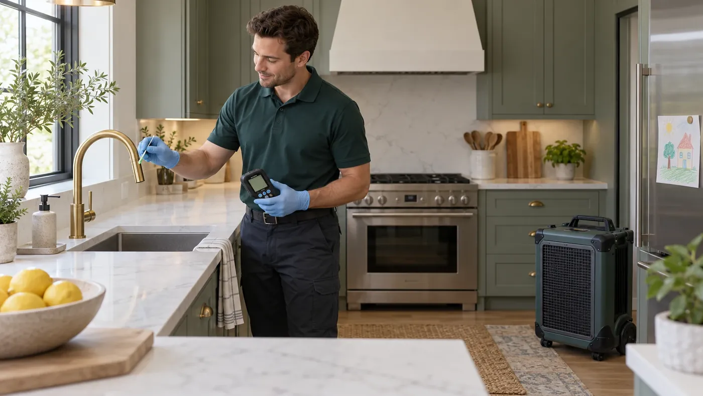 Technician swabbing a kitchen faucet with an ATP test swab while holding the meter